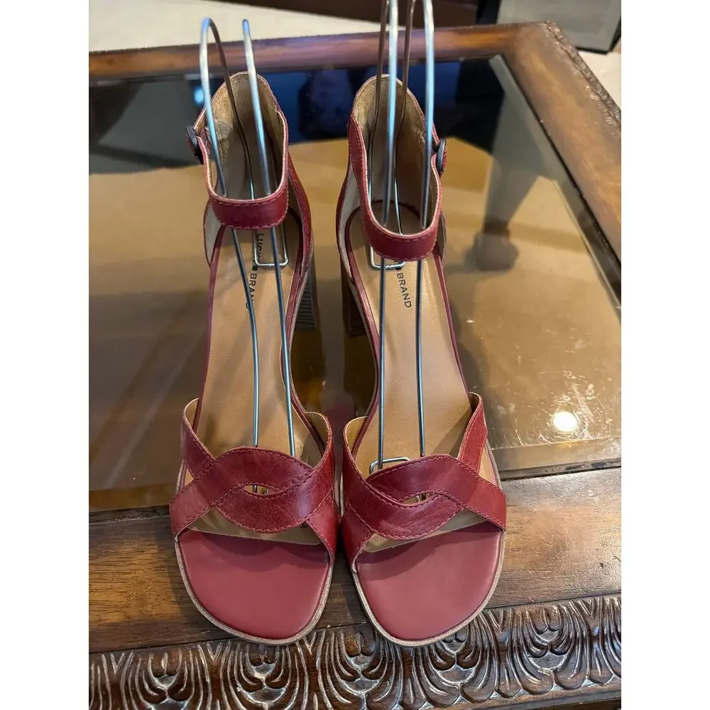 ⭐️ Women Lucky Brand Red Leather Sandals Chunky Heel Size 10 Preppy Ankle Strap